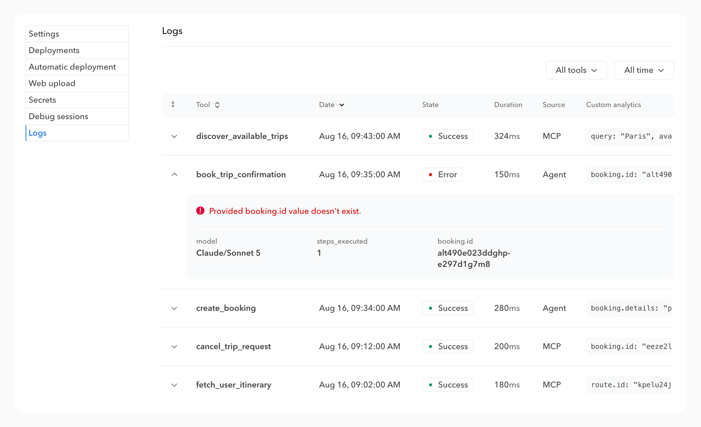 MCP server logs page